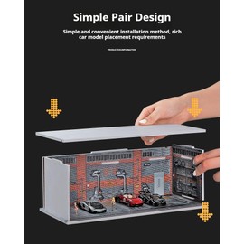 Scenpoch Single-Tier Display Case - 6-Car 1:64 Scale Model Garage Diorama with Dustproof Cover, Compact Diecast Car Showcase for Collections, Tomica, Matchbox (Green-Strip)