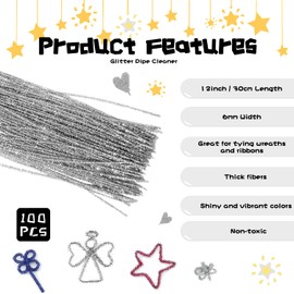 RIMOBUL Pipe Cleaners Craft Chenille Stems 100 Pcs Chenille Cleaners Kids Fuzzy Sticks for DIY Art Creative Crafts Decorations, 6 mm x 12 Inch, Assorted Colors (Silver)