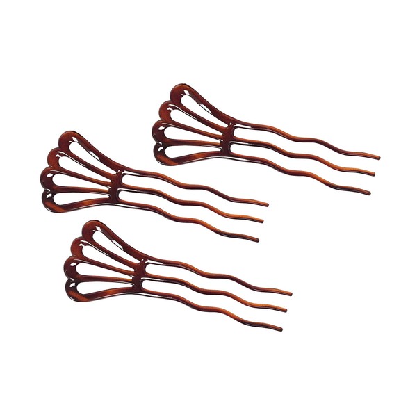 Parcelona French Wavy Three Teeth Tortoise Shell Brown Large Set of 3 Celluloid Acetate Chignon Hair Pin Sticks