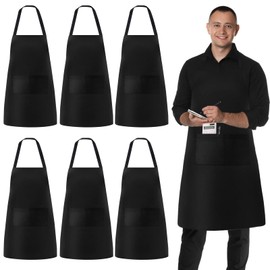 Vegena Apron Black, 6 Pieces Cooking Apron Women Men BBQ Apron with 2 Pockets for Cooking, Kitchen, Gardening, Restaurant, Coffee House, Painting, Housework, 70 x 80 cm