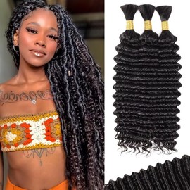Human Braiding Hair for Boho Braids 100g 3 Bundles/Pack 20 Inch Curly Boho Hair for Braiding Knotless 12A Deep Wave Bulk Bohemian Natural Black
