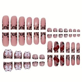 48 Pcs Press on Nails Square Medium & Press on Toenails Set, French Tip Fake Nails with 3D Bow Cherry Desgin Glue on Nails Leopard Print Glossy Acrylic Toe Nails Full Cover Stick on Toenail for Women