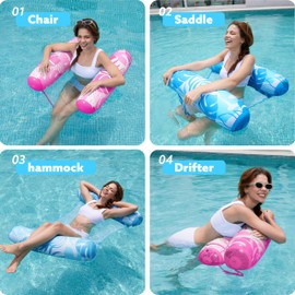 SLOOSH 2 Packs Tropical Leaves Hammock Pool Floats Adults, 4-in-1 Multi-Purpose Inflatable Pool Floats PVC Water Hammock Lounge Floaties (Blue&Pink)