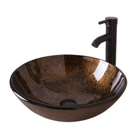 wonline Bathroom Artistic Round Tempered Glass Vessel Sink with Oil Rubbed Bronze Faucet & Pop-up Drain Combo