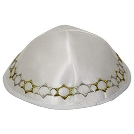 Majestic Giftware Soft White Satin Kippah with Embroidered Gold and Silver Stars of David Trim - Yarmulkah for Boys - 4 Part