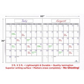 USI Opti ClearJumbo Monthly Dry Erase Wall Calendar, 2 Months, 36"x60"; WIPES 100% CLEAN - NEVER LEAVES MARKER STAINS!