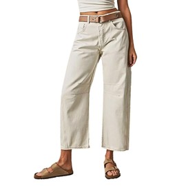 Flamingals Women’s Mid Waist Crop Straight Leg Jeans with Solid Stitch Detail Casual Fashion Trendy Denim Pants White L