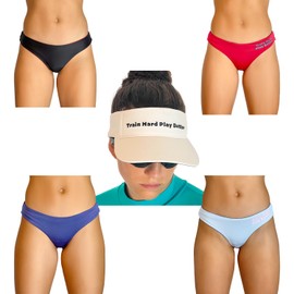 WOW SAND Train Hard Play Better. St Monica Pack 2 Bikini Bottoms Reversible + White Sun Visor. Competition or Training (Lavender - Raspberry, Large)