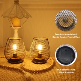 DECORKEY Set of 2 Battery Operated Lamp LED Table Lantern, Golden Metal Cage Cordless Lamps with LED Bulb，Vintage Decorative Outdoor Lantern for Weddings, Parties, Patio, Events for Indoor Shelf Decor