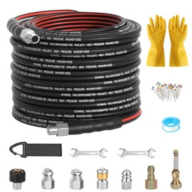 Sewer Jetter Kit for Pressure Washer 100FT, Drain Cleaner Hose 1/4 Inch NPT, NPT Corner Swivel and Push Button Nose Sewer Jet Nozzle Wrenches Gloves Waterproof Tape Pearl Brooch,5800PSI