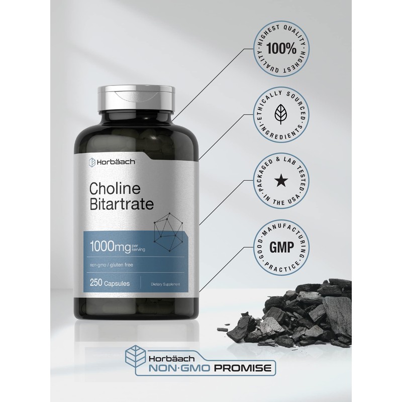 Horbaach Choline Bitartrate Supplement | 1000mg | 250 Capsules |