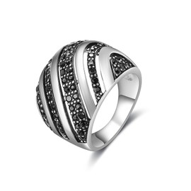 Mytys Retro Vintage Cocktail Rings for Women,Medieval Silver Chunky Cocktail Ring Black Marcasite Crystal Rings Antique Silver Big Stone Ring (Dome Black, 7)