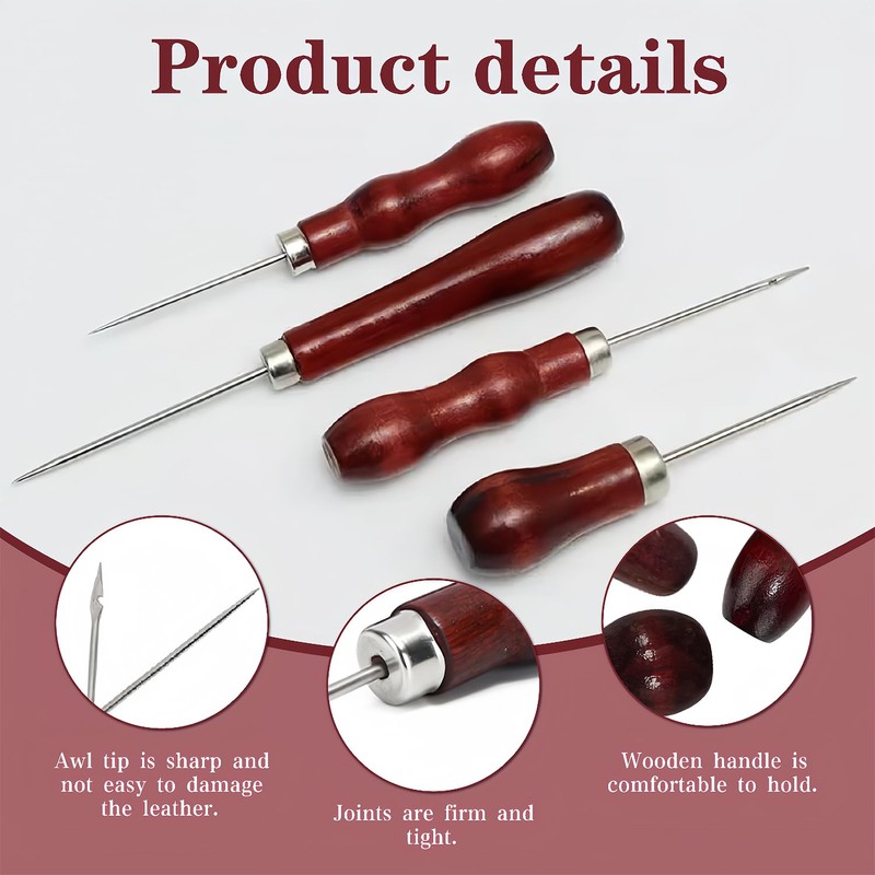4 Pieces Wooden Handle Awl Tailors Awl Leather Sewing Tool