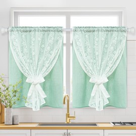 ASPMIZ Linen Kitchen Tier Curtains 36 Inch Length, Double Layered Kitchen Curtain 2 Panel Sets Rod Pocket Short Window Curtains with Tiebacks, Rustic Window Treatment Curtain for Bathroom, Cafe, Teal
