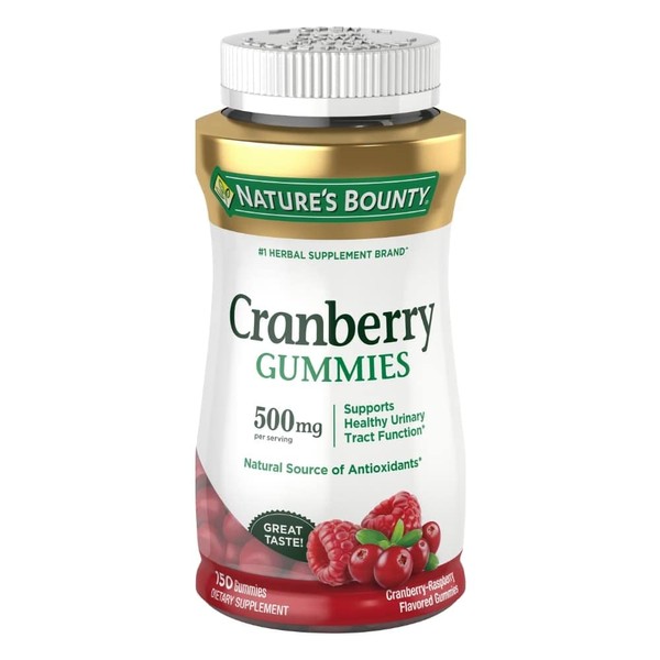 Nature's Bounty Cranberry Gummies, Urinary Tract Support, 500 mg, Cran-Raspberry Flavor, 150 Ct