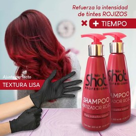 BIOBELLEZA Kit Shampoo Matizador Rojo Sin Parabenos Kolor Shot 2pzs Matiza e Intensifica tonos Rojos y Caobas proporcionando Brillo y Sedosidad Incluye Par de Guantes Negros de Látex