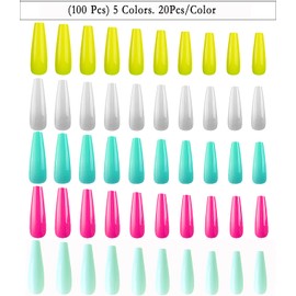 CHANGAR Colourful Long Coffin False Nails Ballerina Fake Nail Candy Press on Nail Acrylic Nail Tips Full Cover Colourful False Nails for Nail Salons and DIY Nail Art (Pack of 100)