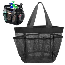 Portable Mesh Shower Basket, Shower Bag with 8 Pockets and Carry Handle, Mesh Beach Bag, Wash Bag, Storage Bag, Organiser, Hanging Bag for Camping, Travel, Dorm, Gym, Black