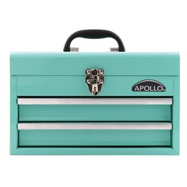 Apollo Tools 14 Inch Steel Tool Box with Deep Top Compartment and 2 Drawers in Heavy-Duty Steel With Ball Bearing Opening and Powder Coated Finish - Aqua Green - DT5010-GR