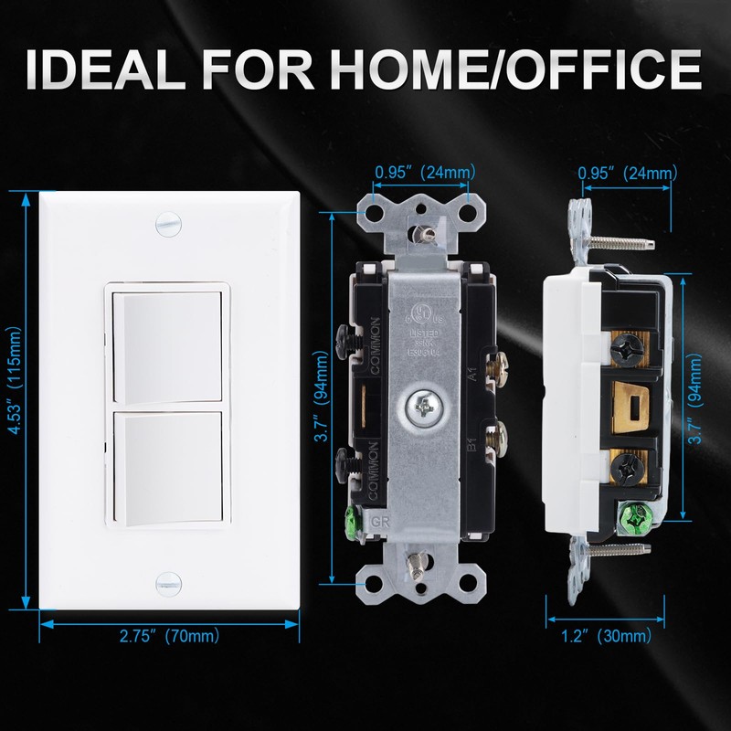 Baomain 2-Pack Duplex Rocker Switch with Wall Plate, 15 Amp,