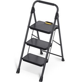 TOOLF 3 Step Ladder, Sturdy Steel Step Stool with Anti-Slip Wide Pedals, Handrail, Safe-Lock Design, Folding Portable Ladder for Multi-Purpose, Home, Kitchen, Pass 800lbs Load Testing, Black