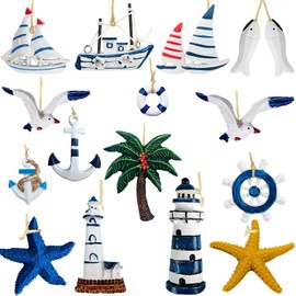 Ylinwtech 15 Pieces Maritime Pendant Nautical Decoration, Maritime Decorative Pendant Set, Anchor Starfish Life Ring, Starfish Boat Anchor Lighthouse Fish Coconut Palm Tree for Nautical Rooms, Party
