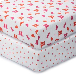 LollyBanks Baby Girl Crib Sheets 2 Pack, 100% Muslin Cotton Soft and Breathable Baby Crib Sheets, Snug Fitted Sheet for Standard 52"x28" Mattress, Nursery Must Haves (Pink Boot and Pink Star)