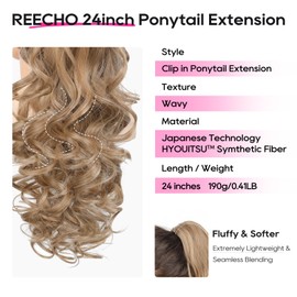 REECHO Ponytail Extension, 24" Claw Clip in Long Curly Wavy Ponytail Hair Extension Jaw Clip on Pony Tails Hairpiece for Women - Dark Blonde