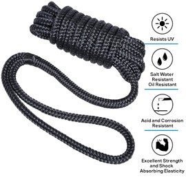 TUNORD 1/2” x 15' Marine-Grade Double-Braided Dock Line with 12” Eyelet.Hi-Performance Boat Rope Mooring Rope Dock Line (4 Pack, Black)