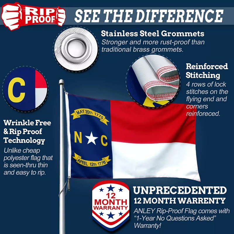 Anley Rip-Proof Double Sided 3-Ply North Carolina State Flag -