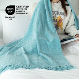 KASENTEX Large Lightweight 60x80in Soft Chenille Throw Bed Blanket for Bedroom with Fringe Tassel, Decorative Blankets and Throws, All Season Cozy Warm Summer Boho Blanket, Blue Twin Size