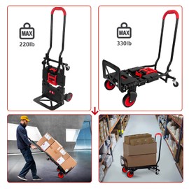 Folding Hand Truck, Portable Dolly Cart with Rubber Wheels and Retractable Handle, 2 in 1 Design 330lbs Capacity Hand Cart Foldable for Transportation/Luggage/Mobile/Travel/Office Use