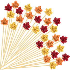 YQUQWN 120 PCS Maple Leaf Fall Cocktail Picks 4.7 Inch Autumn Harvest Theme Appetizer Toothpicks Thanksgiving Decorative Bamboo Skewers Sticks for Food Fruit Drinks Holiday Fall Party Supplies