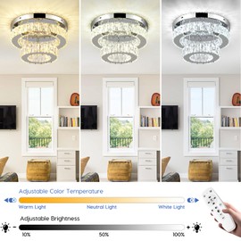 LEONTYNE 11.8 inch Dimmable Modern Crystal Chandelier 2-Layer Round Crystal LED Ceiling Light Flush Mount Chandelier Fixture for Hallway Bedroom Living Room Kitchen Foyer Closet (Remote Control)