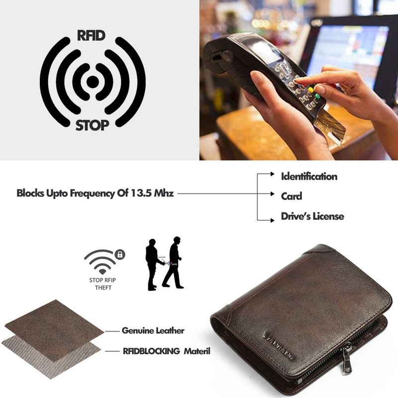 MANBANG Mens Wallet Zipper Genuine Leather RFID Card Holders Cowhide