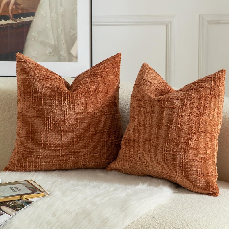 Mandioo Pack of 2 Solid Decorative Soft Chenille Burnt Brick