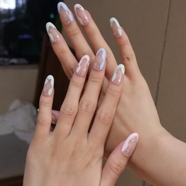 Handmade Press On Nails Almond Nails Acrylic Fake Nails with Designs French Tip Press On Nails Square Medium Summer Nails (Almond Nails-French tip with Rhinestone, S)