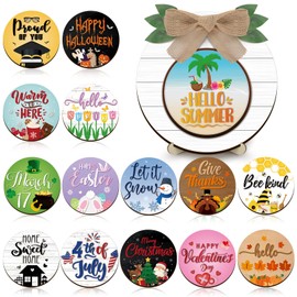 Geetery 17 Pieces Summer Interchangeable Season Sign DIY Holiday Icons Decor with Wooden Easel Round Home Decorative with 15 Seasonal Icons Holiday Sign Set for Tabletop Porch Decoration