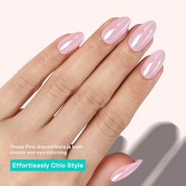 Pink Chrome Press on Nails Short | GJZEZ Almond Glazed Soft Gel Fake Nails Press Ons Aurora Art Manicure with Pearly Shine, Ultra-Glossy False Nail Kit | 16 Sizes - 32 Reusable Nail, Iced Pink