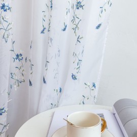 Taisier Home Floral White Sheer Curtains Flower Print Vine Embroidery Bedroom Curtain Rod Pocket Voile Window Curtains for Living Room, 52 x 45 inches Long, Set of 2 Panels,Blue Buds with Green Branch