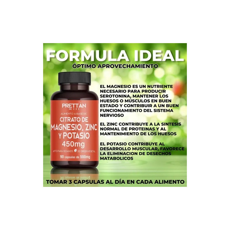 Citrato De Magnesio Zinc Y Potasio Prettan 90 Capsulas 500mg