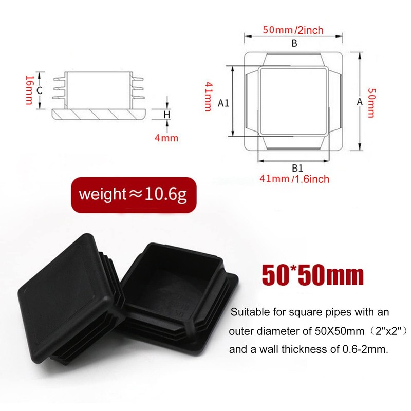 2 Inch Square Tubing End Cap Plug, 2"x2" Plastic Insert
