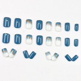 Glitter Square Press on Nails Short Fake Nails French Acrylic Full Cover False Nails for Women and Girls 24PCS(Blue)