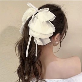 Rannyrena Large Hair Bow for Women Long Satin Silk Knot Hair Claw Clips Lace Black Tulle Hair Barrettes with Pearls Long Tail Bowknot Hair Decorations Accessories (White bow)