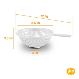 YBM Home 8.5 Inch Deep Plastic Strainer Colander with Long Handle – Made of Food Safe BPA-Free Plastic - Durable and Dishwasher Safe - Use for Pasta, Noodles, Spaghetti, Vegetables and More (1, White)