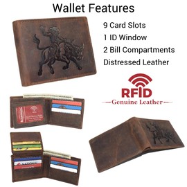 MARSHAL Western Rodeo Bull Rider Design Genuine Leather RFID Blocking Cowboy Bifold Wallet for Men (Brown)