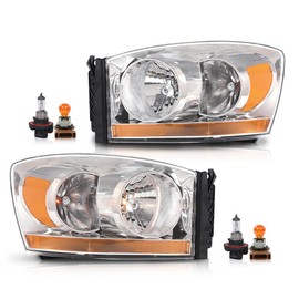 CNNELL Headlights Assembly w/Bulbs Light Bar Left and Right Side Compatible with Dodge Ram 1500 2006-2008/Fit Dodge Ram 2500 3500 2006-2009 Clear Lens Chrome Housing Amber Reflector