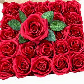 25PCS Artificial Flowers Silk Rose, Lip Red Real Touch Fake Rose with Stem Faux Flowers Gift Box for Weddings DIY Floral Arrangements Centerpiece Bridal Shower Party Home Decoration
