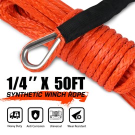STEGODON - Cable de cabrestante sintético de 1/4 pulgadas x 15 m, 4,5 kg con funda protectora negra para ATV UTV Boat Ramsey Cuerda sintética de cabrestante (naranja)