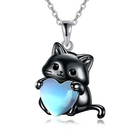 HOPEEZZ Black Cat Necklace for Women 925 Sterling Silver Moonstone Jewelry for Cat Lover Gift (black)